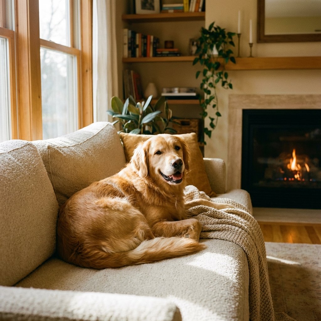 Golden retriever feliz descansando en casa